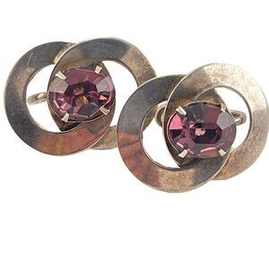 Double Circle Earrings Purple Oval Center Rhinestone Screw Back 1940s